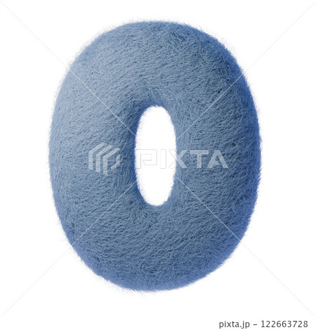 3d number 0 from wool felt. Soft, fluffy, blue 3D number zero design for modern projects. Ideal for digital or print use in children's themes, education, and creative branding 122663728