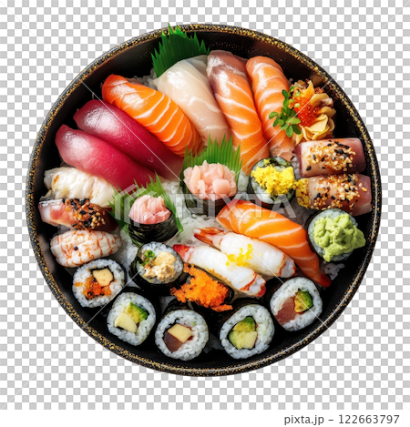 Majestic Assortment of Delectable Sushi Delights on Elegant Platter 122663797