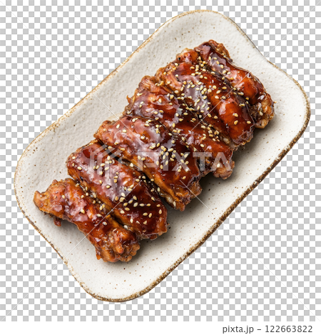 Majestic Nagoya style Tebasaki Chicken Delicately Glazed with a Savory and Sweet Sesame Sauce on a Majestic Nagoya style Tebasaki Chicken Delicately Glazed with a Savory and Sweet Sesame Sauce on a 122663822