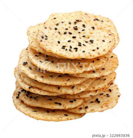 Pile of Crisp and Crunchy Japanese Senbei Rice Crackers Displayed on White Background 122663836