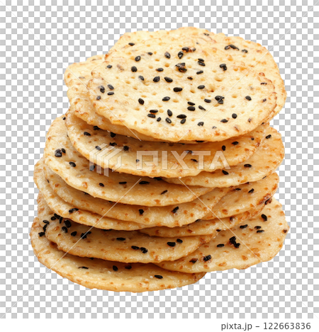 Pile of Crisp and Crunchy Japanese Senbei Rice Crackers Displayed on White Background 122663836