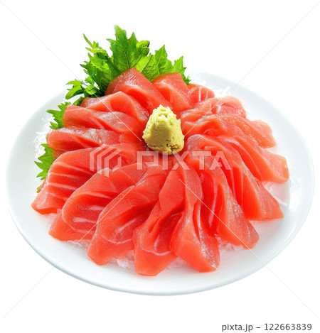 Sashimi Artfully Sliced Raw Fish on Elegant Plate with Greenery 122663839