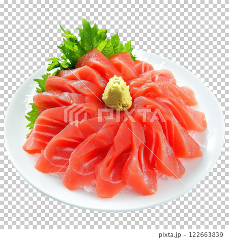 Sashimi Artfully Sliced Raw Fish on Elegant Plate with Greenery 122663839