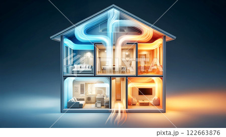 住宅空調システムの断面図 - 効率的な空気循環のビジュアル化 住宅空調システムの断面図 - 効率的な空気循環のビジュアル化 122663876
