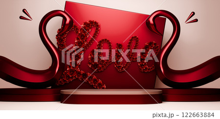 Red and mocha valentine style stand product podium display with blank backdrops. 122663884