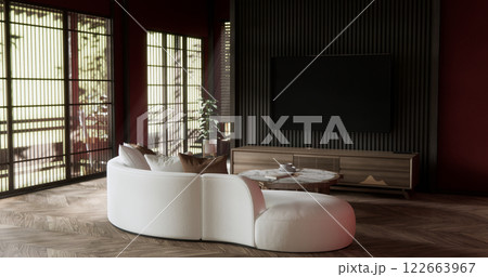 scene red sofa on valentines living room japanese traditional style. scene red sofa on valentines living room japanese traditional style. 122663967