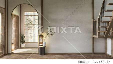 Stairs wooden in modern room with white wall with wood wall design. 122664017
