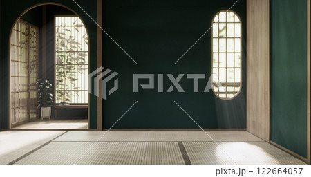 Green dark wall empty room, japanese traditional style. Green dark wall empty room, japanese traditional style. 122664057