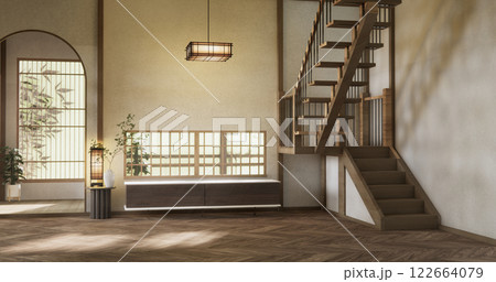 Stairs wooden in modern room with white wall with wood wall design. Stairs wooden in modern room with white wall with wood wall design. 122664079
