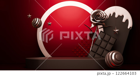 Red and mocha valentine style stand product podium display with blank backdrops. 122664103