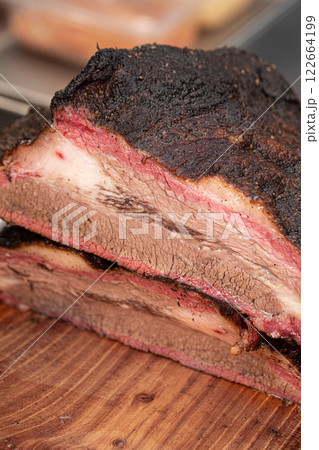 Freshly grilled brisket meat but in half 122664199