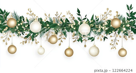 Festive holiday garland adorned with gold ornaments and evergreen branches illuminated by warm lights 122664224
