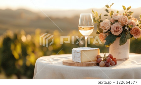 Scenic Outdoor Wine and Cheese Pairing on Vineyard Table with Floral Bouquet Scenic Outdoor Wine and Cheese Pairing on Vineyard Table with Floral Bouquet 122664377