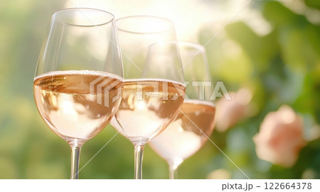 Scenic Outdoor Wine Gathering with Glasses Raised in a Serene 122664378