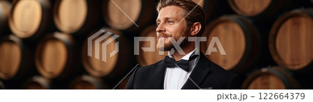Sommelier Explaining Wine Tasting Techniques in Winery Cellar Setting 122664379