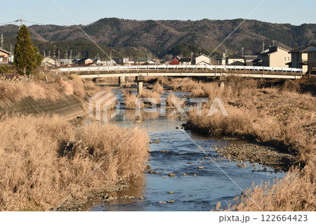 枯草に覆われた河川敷、寒々とした冬景色 122664423