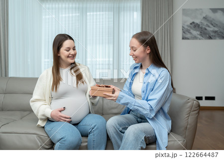 Smiling pregnant woman receiving a gift from her female friend while sitting on a couch in a cozy home. Concept of maternity, celebration, friendship, anticipation, and emotional connection. Smiling pregnant woman receiving a gift from her female friend while sitting on a couch in a cozy home. Concept of maternity, celebration, friendship, anticipation, and emotional connection. 122664487