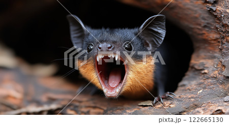 close up of bat with fangs, showcasing its fierce expression and unique features 122665130