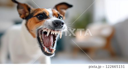 Fierce dog showing fangs in close up shot, expressing strong emotions 122665131