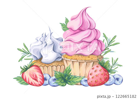 Watercolor composition of two cupcakes: one with pink frosting and the other with white frosting. Decorated with fresh strawberries, blueberries, mint leaves and rosemary sprigs Watercolor composition of two cupcakes: one with pink frosting and the other with white frosting. Decorated with fresh strawberries, blueberries, mint leaves and rosemary sprigs 122665182