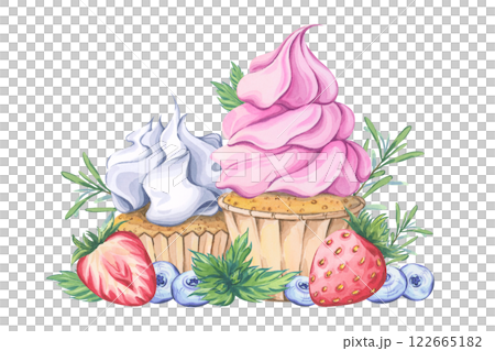 Watercolor composition of two cupcakes: one with pink frosting and the other with white frosting. Decorated with fresh strawberries, blueberries, mint leaves and rosemary sprigs Watercolor composition of two cupcakes: one with pink frosting and the other with white frosting. Decorated with fresh strawberries, blueberries, mint leaves and rosemary sprigs 122665182