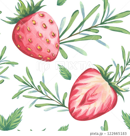 Seamless watercolor pattern featuring fresh strawberries, rosemary sprigs and mint leaves. Vibrant and natural design perfect for textile, packaging, and digital projects Seamless watercolor pattern featuring fresh strawberries, rosemary sprigs and mint leaves. Vibrant and natural design perfect for textile, packaging, and digital projects 122665183
