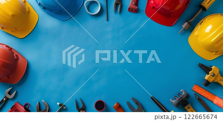 Top view of construction helmets and tools arranged around a blue background, symbolizing safety, industry, and professional craftsmanship Top view of construction helmets and tools arranged around a blue background, symbolizing safety, industry, and professional craftsmanship 122665674