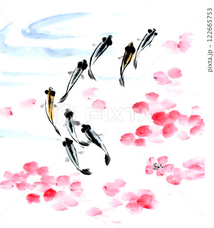 水墨技法で描いたメダカと桜の花びら 水墨技法で描いたメダカと桜の花びら 122665753