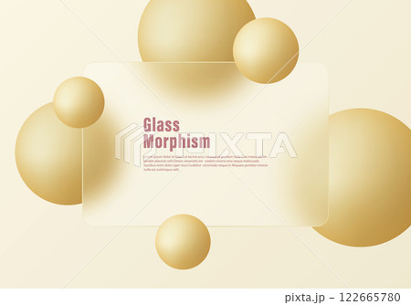 Presentation panel made of transparent material and champagne gold colored sphere. Abstract vector background for web site. 122665780