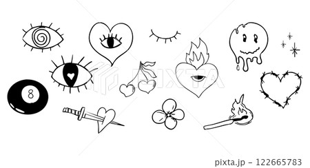 Psychedelic doodle heart barbed wire, with fire nd eye, graffiti groovy set. Retro tattoo grunge lucky ball, disko ball. Street sketch skull and fire vintage aesthetic. Psychedelic doodle heart barbed wire, with fire nd eye, graffiti groovy set. Retro tattoo grunge lucky ball, disko ball. Street sketch skull and fire vintage aesthetic. 122665783