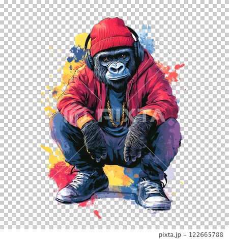 A stylish gorilla in a red hoodie, beanie, and headphones squats confidently against a colorful splash background. Urban, hip-hop, street-style artwork A stylish gorilla in a red hoodie, beanie, and headphones squats confidently against a colorful splash background. Urban, hip-hop, street-style artwork 122665788