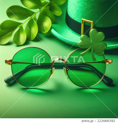 Glasses with green lenses and gold temples. On top of the glasses is a green hat with a shamrock. 122666392
