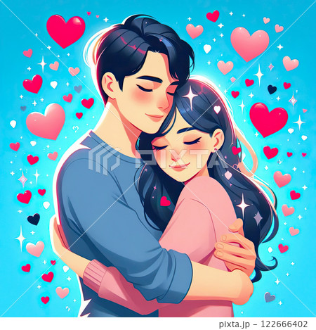 Illustration of a loving couple of a guy and a girl. A guy hugs a girl against the background of flying shiny red and pink hearts Illustration of a loving couple of a guy and a girl. A guy hugs a girl against the background of flying shiny red and pink hearts 122666402