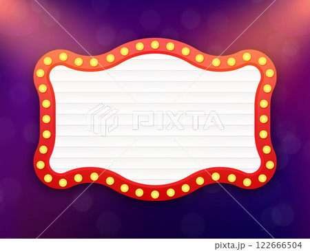 Blank white cinema billboard with light bulbs shining on purple background Blank white cinema billboard with light bulbs shining on purple background 122666504