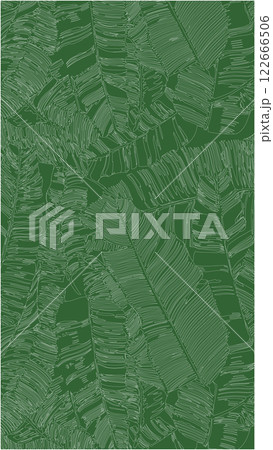 A detailed pattern of white-outline banana leaves on a green background, showcasing intricate veins and overlapping structures, creating a tropical and artistic aesthetic, flat line and illustration. 122666506