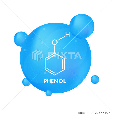Phenol molecular structure with blue spheres forming a network 122666507