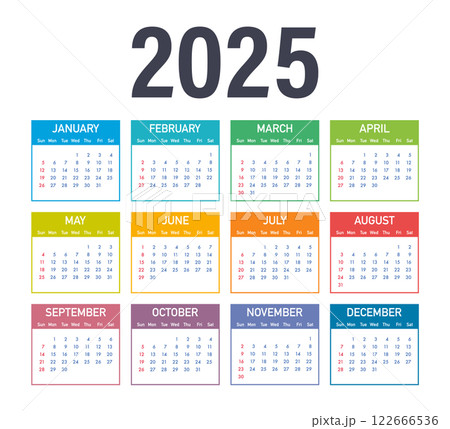 Colorful 2025 calendar showing all twelve months with highlighted weekends 122666536