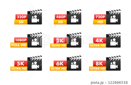 Clapperboard with video resolution markings indicating broadcasting quality from SD to 8K Ultra HD 122666538