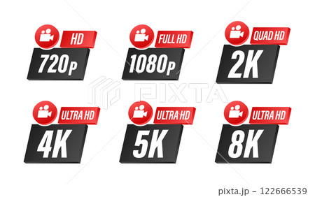 Video resolution icons showing different levels of high definition from 720p to 8k Video resolution icons showing different levels of high definition from 720p to 8k 122666539