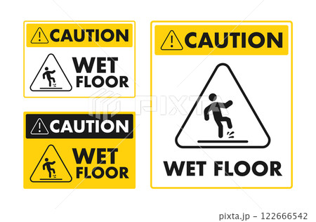 Caution wet floor signs showing slipping stick figure and warning triangle Caution wet floor signs showing slipping stick figure and warning triangle 122666542