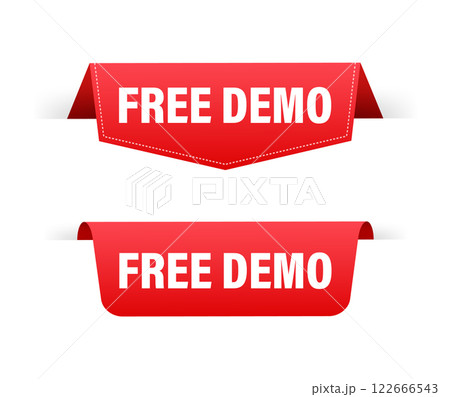 Red ribbons with free demo offer hanging on white background Red ribbons with free demo offer hanging on white background 122666543