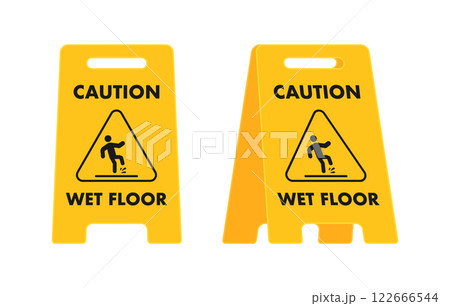 Yellow caution wet floor warning signs preventing slipping accident 122666544