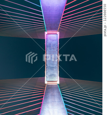 Look up view on The girders of a cable-stayed bridge at Thotsamarachan Bridge or King Rama X Bridge with dark sky. 122666550