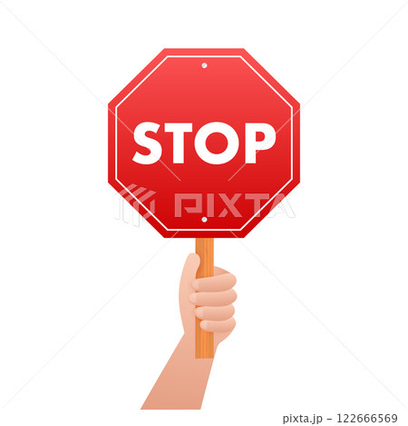 Hand holding red stop sign on white background Hand holding red stop sign on white background 122666569