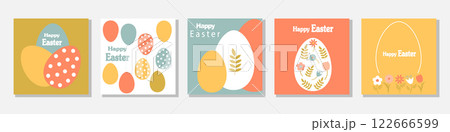 Set of Happy Easter cards in modern minimalistic style with geometric shapes, eggs. Abstract template for poster, branding, advertising, postcard, prints, banner. Set of Happy Easter cards in modern minimalistic style with geometric shapes, eggs. Abstract template for poster, branding, advertising, postcard, prints, banner. 122666599