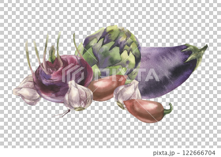 Fresh vegetables watercolor illustration with artichoke,eggplant, pepper, garlic and kohlrabi element. Hand drawn vegan food isolated clipart, organic eco food painting for label, logo, packing design 122666704