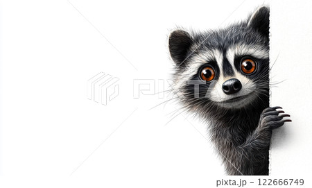 Adorable raccoon peeking from blank white background with curious orange eyes and fluffy grey fur 122666749