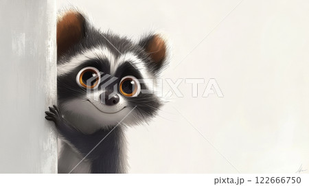 Cute cartoon raccoon peeking from behind a wall with big eyes and fluffy fur in a minimalist background 122666750