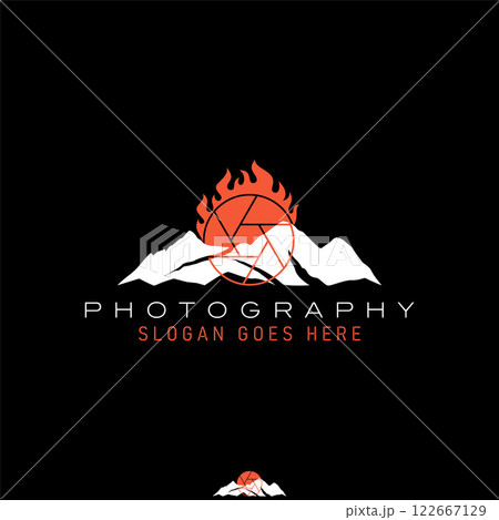 Logo design graphic concept creative premium vector stock image graphic peak mountain fire flame capture camera photography adventure vacation forest 122667129