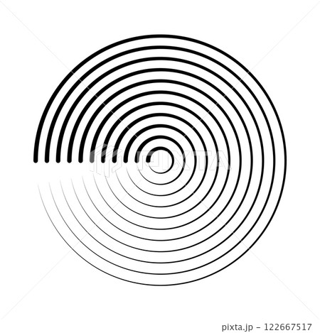 Halftone speed lines circle. Geometric art in circle form. Round swirl movement symbol. Halftone circular frame. Vector design element 122667517